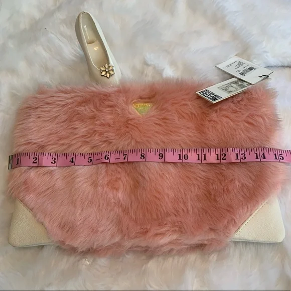 JOYRICH pink Faux fur fluffy zippered clutch, toiletries bag NWT w/golde… - Picture 9 of 13